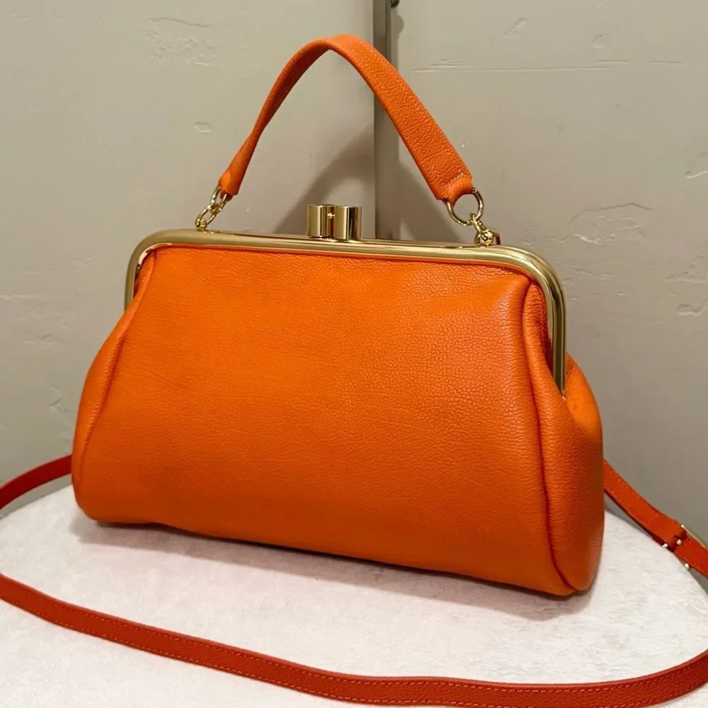 Orange Premium Pebble Cowhide Handmade Large Kiss Lock Handbag/ Multi Use Style
